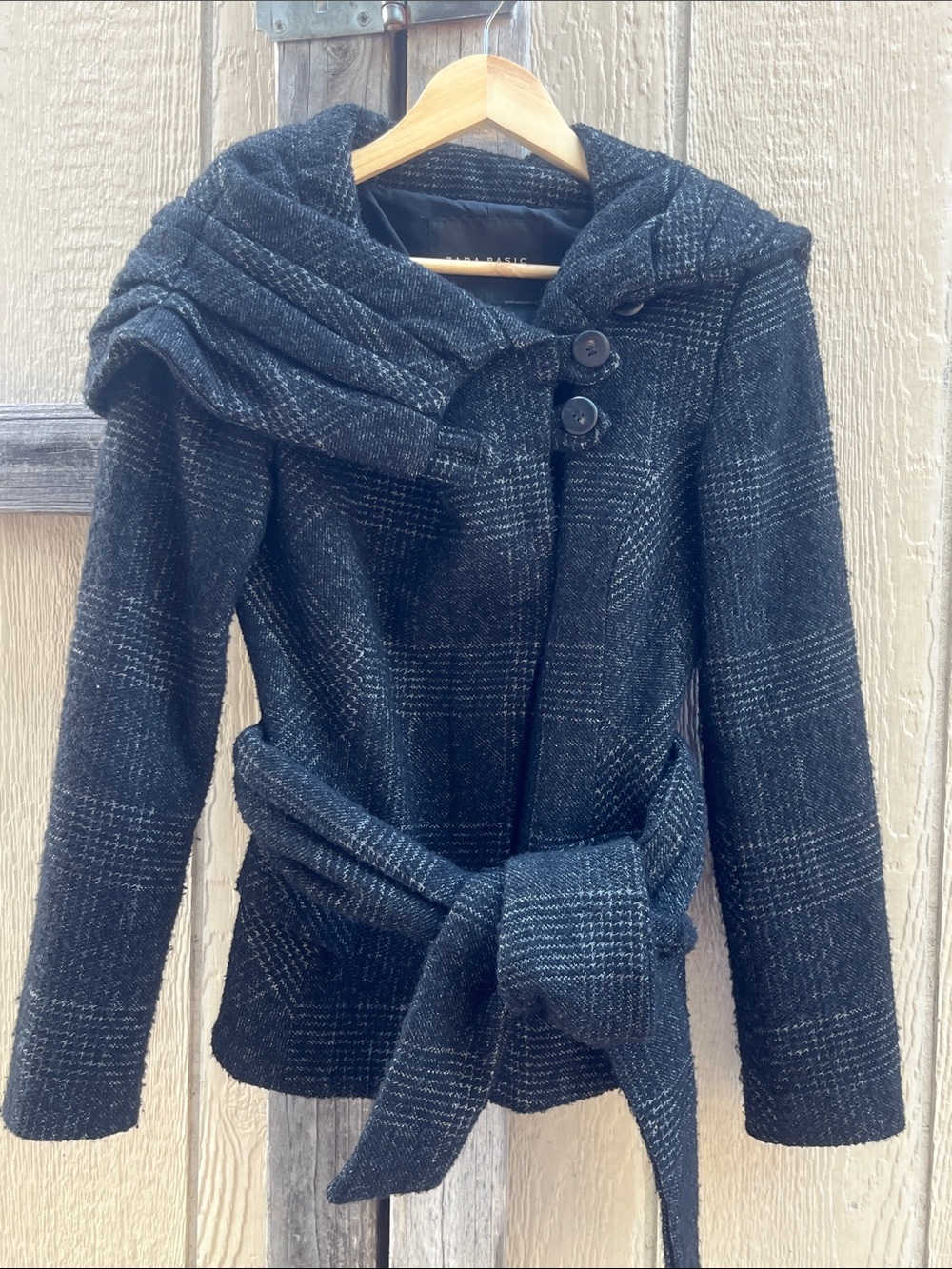 Zara Basic Plaid Asymmetric High Neck Wrap Jacket Coat wool size small 17” p2p